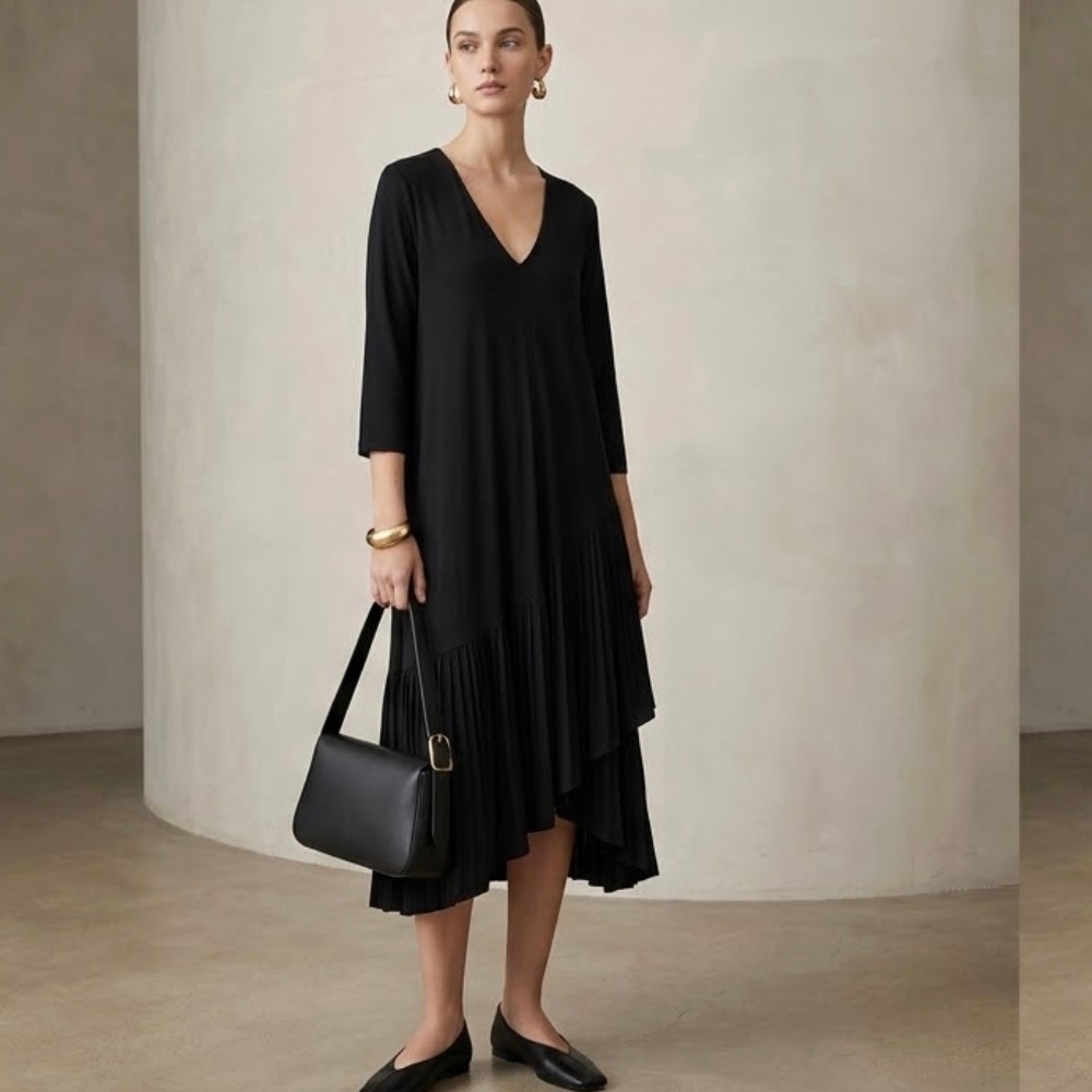 A La Tzarina Black V-Neck Drop Waist Tunic Dress Large Minimalist Lagenlook NWT - Picture 3 of 11